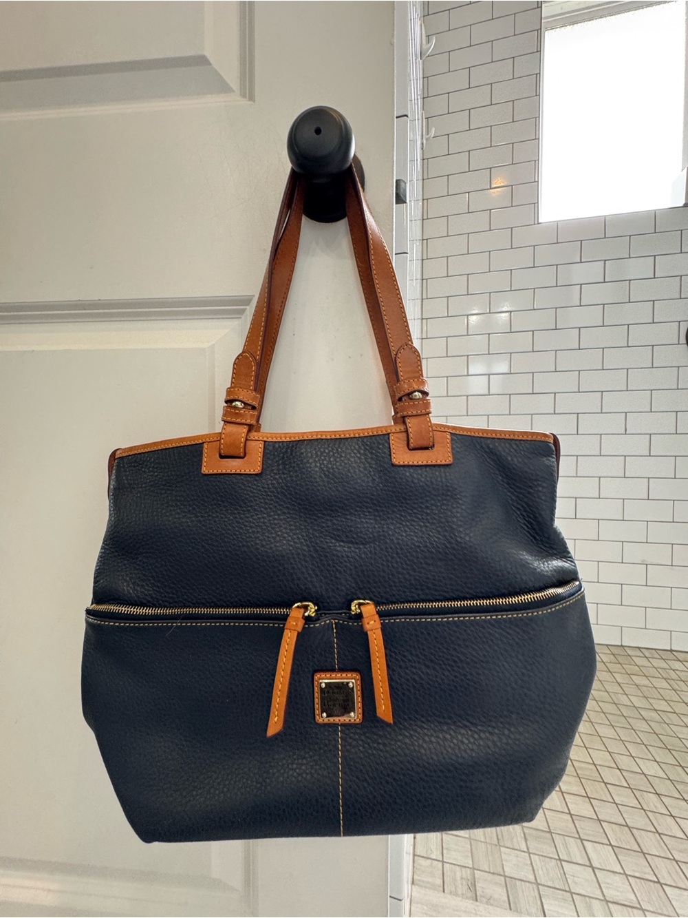 Classic Navy and Tan Leather Tote Bag